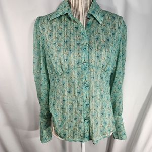 ATL Studio Green & Gold Patterned Button Down Top Size 10